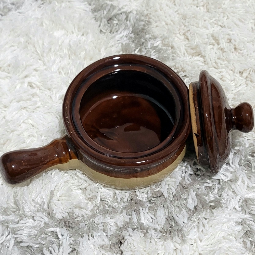 Vintage Stoneware Mini Crock Pot with Handle and Lid